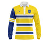 Custom yellow and blue long-sleeve school leaver with white accents